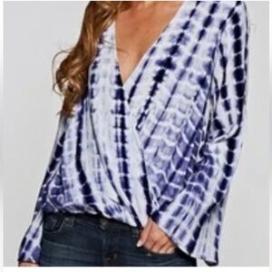 Love Stitch Sz S crossed front long bell sleeves tie dye V cleavage top blouse